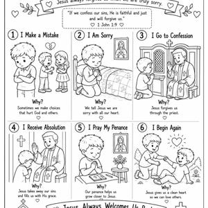 May include: A black and white educational worksheet titled Why Do We Go to Confession? featuring six numbered panels illustrating the steps of confession, including text captions for each step and Bible verses from 1 John 1:9 and Luke 15:7.