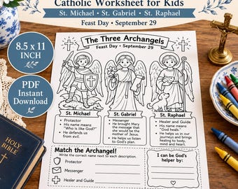 Werkblad over de Drie Aartsengelen (katholiek) voor kinderen | Kleurplaat van Sint-Michiel, Gabriël en Rafaël | Activiteit voor de feestdag van 29 september | Printbaar PDF-bestand