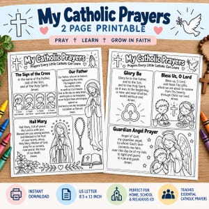 以下が含まれることがあります： 「My Catholic Prayers」と題された2枚の白い印刷用ページ。宗教的な人物、ロザリオの黒い線画イラスト、および十字架のしるし、主の祈り、アヴェ・マリア、その他のカトリックの祈りのテキストが含まれています。
