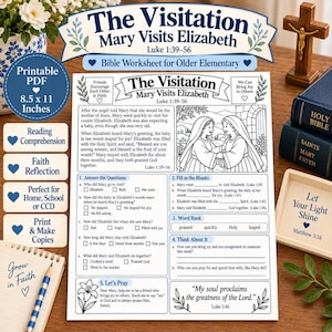 May include: A printable 21.6 x 27.9 cm Bible worksheet titled The Visitation Mary Visits Elizabeth Luke 1:39-56. The document features a black and white illustration of two women, reading comprehension questions, fill-in-the-blanks, a word bank, and a prayer section.