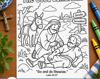 Ausmalbild zum Thema „Der barmherzige Samariter“ für Kinder, Bibelgeschichte Lukas 10,37, Jesu Gleichnis von der Güte, christlicher Vorschul-Sonntagsschulunterricht (PDF), CCD