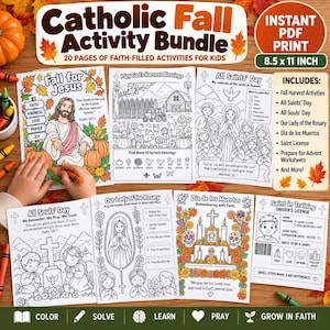 May include: A Catholic autumn activity bundle containing 20 pages of faith-based worksheets for children, featuring colouring pages for All Saints' Day, All Souls' Day, and Dia de los Muertos, sized 21.6 x 27.9 cm for instant PDF printing.
