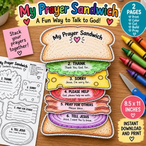 May include: A printable craft activity titled My Prayer Sandwich featuring a bread-shaped template with layers of lettuce, cheese, tomato, bacon, and onion. The set includes instructions, a pink note, and text stating 8.5 x 11 inches.