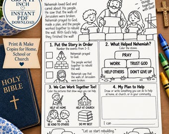 Nehemiah Rebuilds the Wall Worksheet for Kids, Nehemiah 2-6 Bible Activity, Sunday School Teamwork Lesson, Christian Catholic Printable PDF