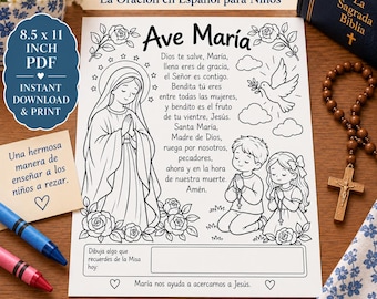 Arkusz ćwiczeń hiszpańskiego katolickiego Ave Maria dla dzieci | Kolorowanka z modlitwą Zdrowaś Maryjo | Hiszpański katolicki do druku | Oración Ave María Niños
