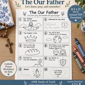 Könnte beinhalten: Ein weißes Arbeitsblatt mit dem Titel The Our Father mit zehn nummerierten Abschnitten, die schwarze Strichzeichnungen und Text zum Erlernen des Gebets enthalten. Das Blatt misst 21,59 x 27,94 cm und zeigt Illustrationen von Jesus, einer Krone, Brot und betenden Händen.