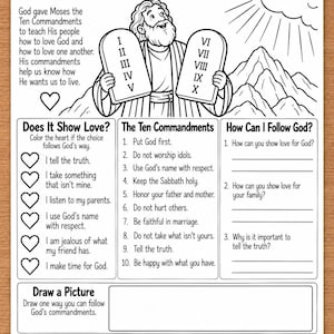 Op de afbeelding: Een zwart-wit werkblad getiteld God Gives Us His Commandments Exodus 20. Het bevat een lijntekening van een bebaarde figuur die twee stenen tabletten met Romeinse cijfers I tot en met X vasthoudt, samen met tekst, selectievakjes en opdrachten.