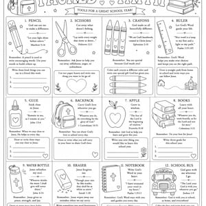 Peut inclure: Une feuille d'activité imprimable en noir et blanc intitulée PACKED with FAITH TOOLS FOR A GREAT SCHOOL YEAR. Elle présente douze sections numérotées avec des illustrations de fournitures scolaires comme un crayon, des ciseaux, des crayons de couleur, une règle, de la colle, un sac à dos, une pomme, des livres, une gourde, une gomme, un cahier et un bus scolaire, accompagnées de versets bibliques et d'exercices d'écriture.