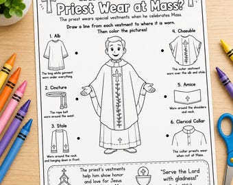 Catholic Priest Vestments Worksheet Kids | What Does the Priest Wear at Mass? | Catholic Coloring Page | CCD Religious Education Printable