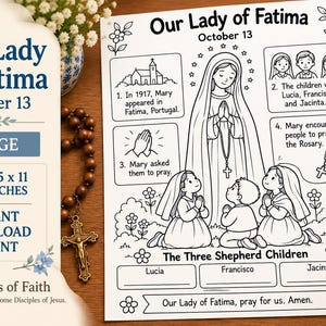 May include: A printable 8.5 x 11 inch coloring page titled Our Lady of Fatima October 13. The black and white line art features the Virgin Mary, three shepherd children, a church, and text detailing the historical event and prayer.