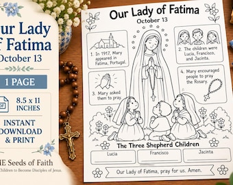 Our Lady of Fatima Worksheet for Kids | Catholic Feast Day Coloring Page | Three Shepherd Children Activity | October 13 Printable PDF
