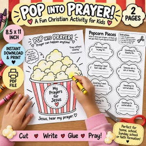 May include: A printable activity sheet titled Pop Into Prayer featuring a popcorn bucket illustration with the text My Prayers for Jesus. The sheet includes instructions, cloud-shaped cutouts for writing prayers, and measures 8.5 by 11 inches.