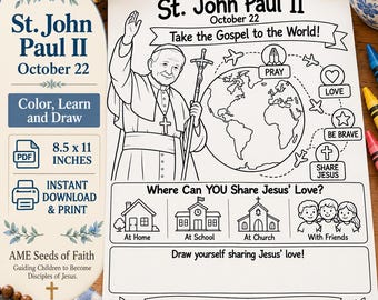 Werkblad over Sint Johannes Paulus II voor kinderen | Kleuractiviteit over de katholieke heilige | Feestdag 22 oktober | Deel het Evangelie (printbaar PDF-bestand)