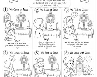 Wat gebeurt er tijdens de eucharistische aanbidding? Katholieke kleurplaat, activiteit voor de eerste communie, CCD-les, katholiek thuisonderwijs PDF