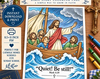 Jesus Calms the Storm Coloring Page, Mark 4:39 Bible Story for Kids, Catholic Christian Sunday School Activity, Printable PDF, CCD