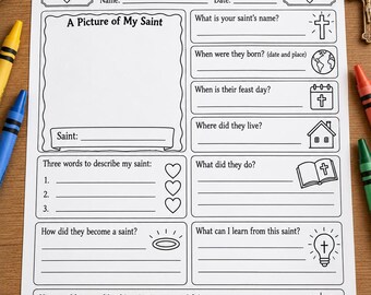 Catholic Saint Report Worksheet for Kids,  All Saints Day Project, Saint Biography Template, CCD Religious Education Printable PDF