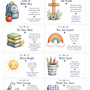Puede incluir: Una hoja imprimible de ocho tarjetas rectangulares con ilustraciones en acuarela y textos religiosos. Cada tarjeta incluye un diseño único como una mochila, cruz, libros, arcoíris, sol, lápices, pájaro o corazón, con citas inspiradoras y versículos bíblicos.