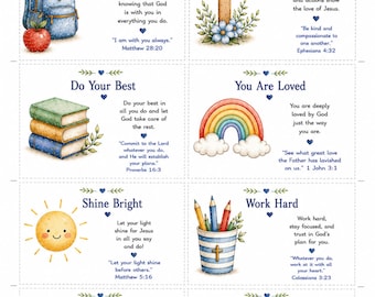 Christelijke lunchboxkaartjes voor kinderen, bemoedigende bijbelteksten, printbare lunchboxkaartjes, katholieke schoolkaartjes, 8 printbare kaartjes (PDF).