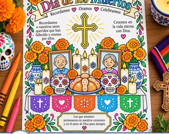 Día de los Muertos Coloring Page Spanish | Day of the Dead Catholic Printable | All Souls Day Kids Activity | Mexican Ofrenda PDF