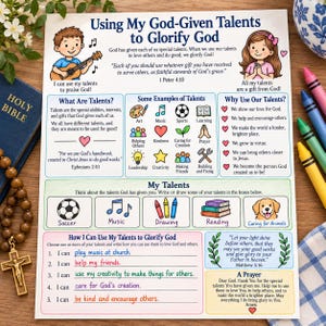 Può includere: Una scheda didattica religiosa intitolata Using My God-Given Talents to Glorify God. Presenta illustrazioni di bambini, icone per vari talenti, versetti biblici e righe vuote per scrivere su un foglio di carta bianco.