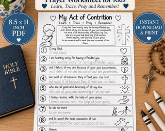 Act of Contrition Worksheet for Kids, First Reconciliation Catholic Prayer, Trace & Learn Prayer, Confession Printable PDF, CCD