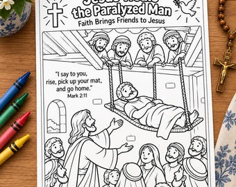 Kleurplaat 'Jezus geneest de verlamde man', Bijbelverhaal uit Marcus 2 voor kinderen, 'Jezus wonderen', printbaar PDF-bestand voor de katholieke zondagsschool, CCD