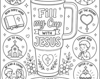 Pagina da colorare "Riempi la mia tazza con Gesù" per bambini cattolici, attività cristiana stampabile, foglio da colorare della Bibbia, scuola domenicale, homeschooling PDF