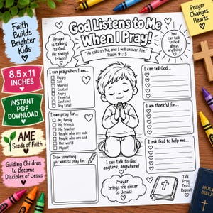 Puede incluir: Una página para colorear imprimible en blanco y negro titulada God Listens to Me When I Pray, con una ilustración central de un niño orando de rodillas. La hoja incluye secciones para escribir oraciones, casillas de verificación y un recuadro.