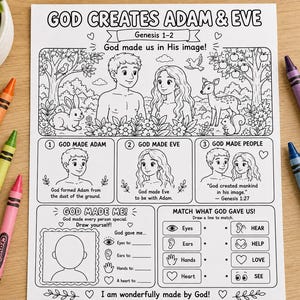 Może przedstawiać: Czarno-biała kolorowanka do druku zatytułowana God Creates Adam & Eve z Genesis 1-2, zawierająca ilustracje ludzi, zwierząt oraz zadanie polegające na dopasowywaniu. Strona zawiera tekst, ramkę do rysowania oraz pięć kolorowych kredek świecowych Crayola.