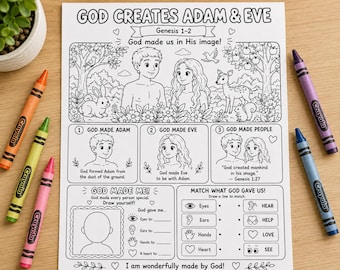 Adam and Eve Worksheet for Kids, Genesis 1-2 Bible Activity, God Made Me Christian Coloring , PageSunday School Printable, CCD Worksheet