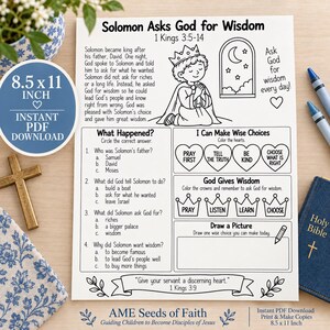 May include: A white activity sheet titled Solomon Asks God for Wisdom, featuring a line drawing of a king praying, multiple-choice questions, heart and crown shapes with text, and a blank box for drawing, all on a 21.59 x 27.94 cm printable page.