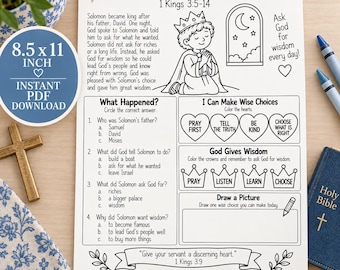 Solomon Asks God for Wisdom Worksheet for Kids, 1 Kings 3 Bible Activity, Wise Choices Sunday School, Christian Catholic Printable PDF, CCD