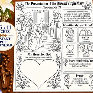 May include: A black and white printable activity sheet titled The Presentation of the Blessed Virgin Mary, November 21. It features illustrations of Mary, Joseph, and a priest, with sections for prayer, heart-themed writing, and 8.5 x 11 inches text.