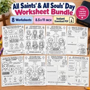 May include: A digital worksheet bundle for All Saints' and All Souls' Day featuring eight 8.5 x 11 inch printable pages. The black and white activity sheets include illustrations of saints, prayers, and prompts for children to color and complete.