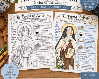 Werkblad Sint Teresa van Avila voor kinderen | Kleurplaat van een katholieke heilige | Activiteit over een kerklerares | Printbaar PDF-bestand voor 15 oktober