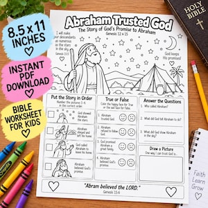 Puede incluir: Una hoja de trabajo bíblica en blanco y negro para niños titulada Abraham Trusted God, con una ilustración lineal de Abraham bajo un cielo estrellado, una tienda de campaña y secciones de actividades que incluyen secuencias, verdadero o falso y preguntas.