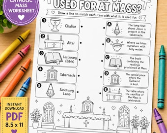 Catholic Mass Worksheet for Kids | What Is It Used For at Mass? | Catholic Matching Activity | CCD Religious Education Printable