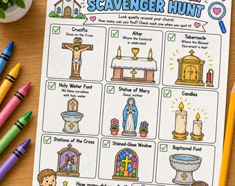 Katholische Kirchen-Schnitzeljagd für Kinder | Arbeitsblatt zur katholischen Messe | Religionsunterricht | Katholische Homeschooling-Materialien zum Ausdrucken