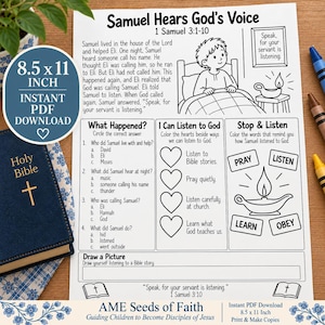 May include: A printable activity sheet titled Samuel Hears God's Voice, 1 Samuel 3:1-10, featuring a black and white illustration of a child in bed, a multiple-choice quiz, heart icons for colouring, and a section to draw a picture, sized 21.6 x 27.9 cm.