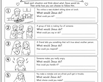 Werkblad 'Wat zou Jezus doen?' voor kinderen (WWJD) - Christelijke reflectieactiviteit - Bijbelles voor oudere kinderen - Zondagsschool (printbaar)