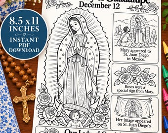 Our Lady of Guadalupe Worksheet for Kids | December 12 Catholic Feast Day | Virgin Mary Coloring Page | Catholic Printable PDF