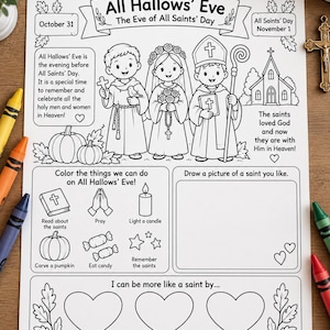 以下が含まれることがあります： All Hallows' Eveと題された白黒の印刷可能なアクティビティシート。3人の聖人、教会、カボチャのイラストと、祝日を説明するテキストが記載されています。ページには、色塗り、聖人の描画、書き込みを行うためのセクションが含まれています。