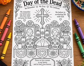 Day of the Dead Coloring Page for Kids | Dia de los Muertos Catholic Printable | Mexican All Souls Day Activity | Instant PDF