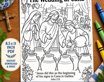 Ausmalbild zur Hochzeit zu Kana für Kinder | Jesu erstes Wunder: Wasser verwandelt sich in Wein | Bibelgeschichte Johannes 2,11 | Katholisches Sonntagsschulmaterial (PDF)