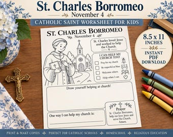 St Charles Borromeo Worksheet for Kids | Catholic Saint Activity & Coloring Page | November 4 Feast Day | Catholic Printable PDF