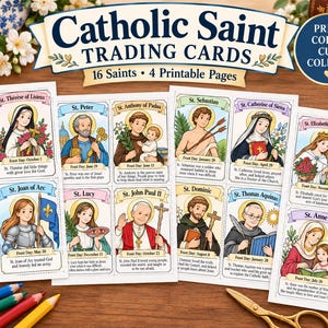 May include: A set of printable Catholic Saint trading cards on 21.6 x 27.9 cm pages, featuring 16 illustrated cards of various saints including St. Francis, St. Peter, and St. Nicholas, each with a name, feast day, and a short descriptive text.