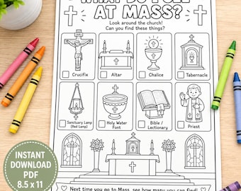 Werkblad over de katholieke mis voor kinderen, Wat zie ik tijdens de mis?, Speurtocht in de katholieke kerk, Kleurplaat over de mis, Godsdienstlessen, CCD