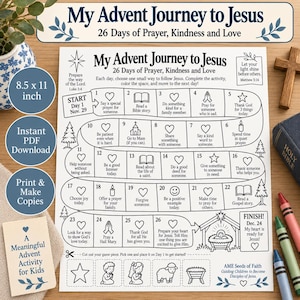 May include: A white paper activity sheet titled My Advent Journey to Jesus 26 Days of Prayer, Kindness and Love. The sheet features a numbered path from 1 to 26 with daily tasks, illustrations of hearts, stars, and a nativity scene, measuring 8.5 x 11 inches.