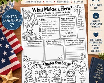 What Makes a Hero Veterans Day Worksheet for Kids | Christian Courage Activity | Patriotic Coloring Printable PDF, CCD Sunday School