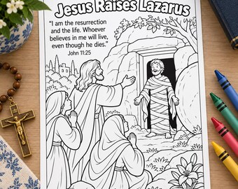 Kleurplaat 'Jezus wekt Lazarus op' voor kinderen, Bijbelverhaal Johannes 11:25, 'Jezus wonderen', printbaar PDF-bestand voor de katholieke zondagsschool, CCD